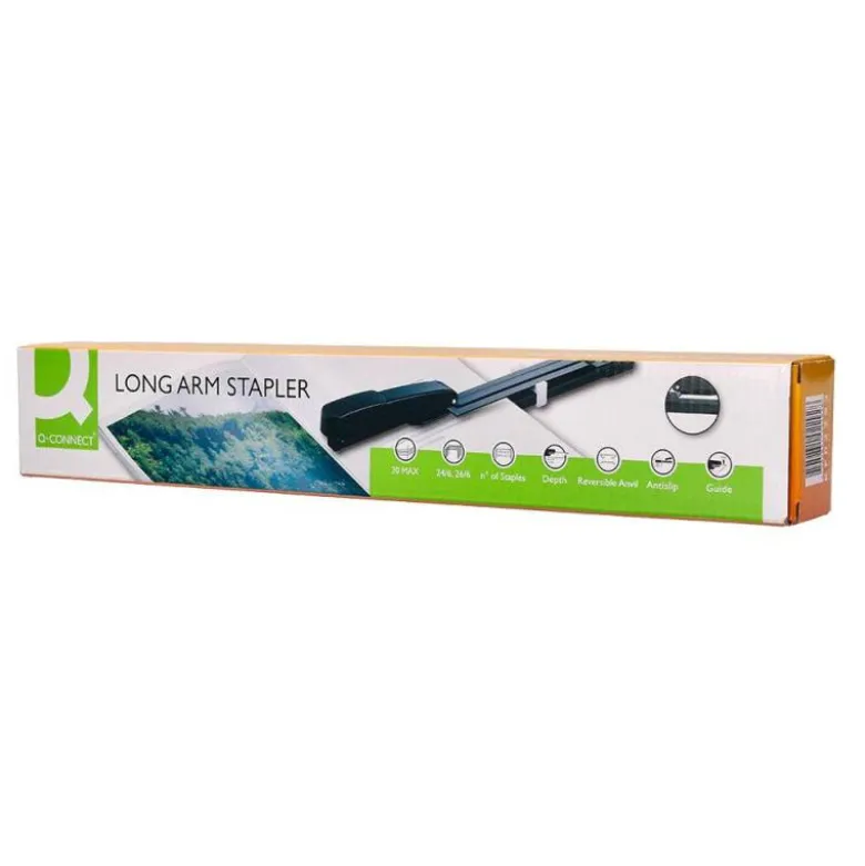 GRAPADORA Q-CONNECT KF02292 METALICA BRAZO LARGO CAPACIDAD 20 HOJAS USA GRAPAS 24/6 Y 26/6 COLOR NEGRO