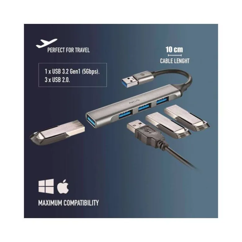 HUB NGS 4 PUERTOS 3 USB 2.0 Y 1 USB 3.2 GEN 1