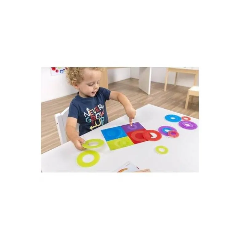 JUEGO MINILAND SET DE 16 AROS TRANSLUCIDOS Y 12 TARJETAS DE ACTIVIDADES DE DIFERENTES TEMATICAS 235X195X80 MM