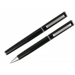 JUEGO BOLIGRAFO Y ROLLER BELIUS NORWICH CUERPO NEGRO MATE Y DETALLES CROMADOS SATINADOS EN CAJA REGALO