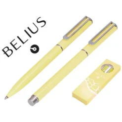 JUEGO BOLIGRAFO Y ROLLER BELIUS ENDLESS SUMMER ALUMINIO COLOR AMARILLO Y PLATEADO TINTA AZUL CAJA DE DISEÑO