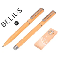 JUEGO BOLIGRAFO Y ROLLER BELIUS ENDLESS SUMMER ALUMINIO COLOR NARANJA Y PLATEADO TINTA AZUL CAJA DE DISEÑO