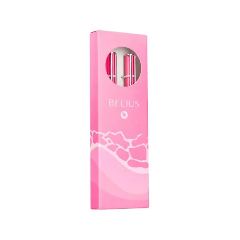 JUEGO BOLIGRAFO Y ROLLER BELIUS ENDLESS SUMMER ALUMINIO COLOR ROSA Y PLATEADO TINTA AZUL CAJA DE DISEÑO
