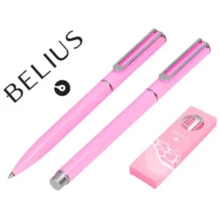 JUEGO BOLIGRAFO Y ROLLER BELIUS ENDLESS SUMMER ALUMINIO COLOR ROSA Y PLATEADO TINTA AZUL CAJA DE DISEÑO