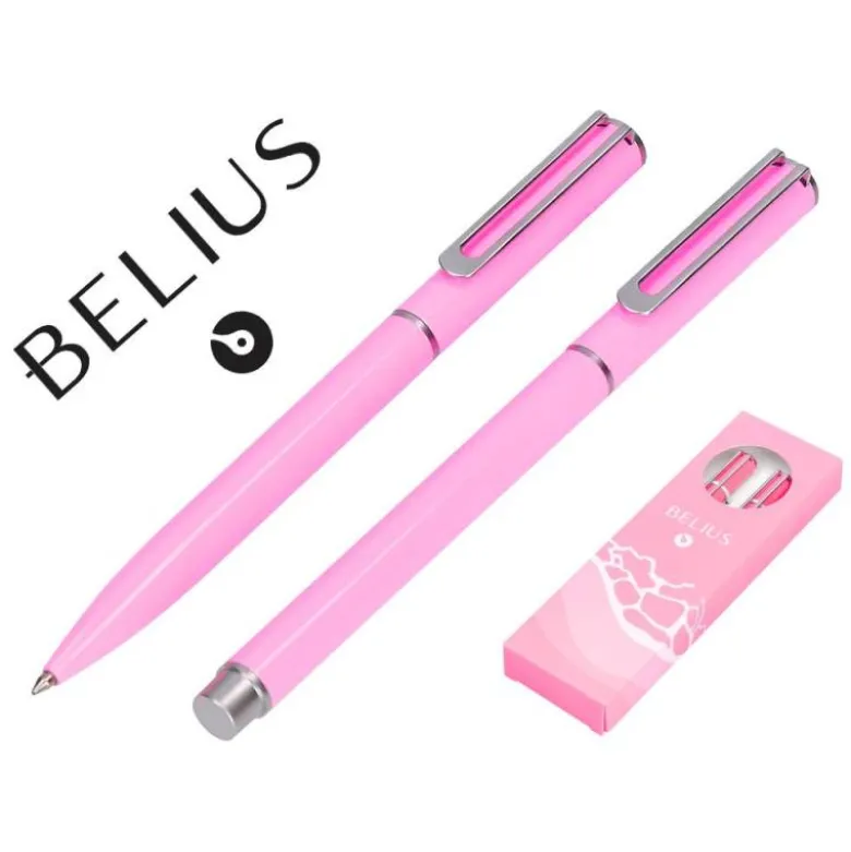 JUEGO BOLIGRAFO Y ROLLER BELIUS ENDLESS SUMMER ALUMINIO COLOR ROSA Y PLATEADO TINTA AZUL CAJA DE DISEÑO