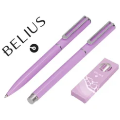 JUEGO BOLIGRAFO Y ROLLER BELIUS ENDLESS SUMMER ALUMINIO COLOR MORADO Y PLATEADO TINTA AZUL CAJA DE DISEÑO