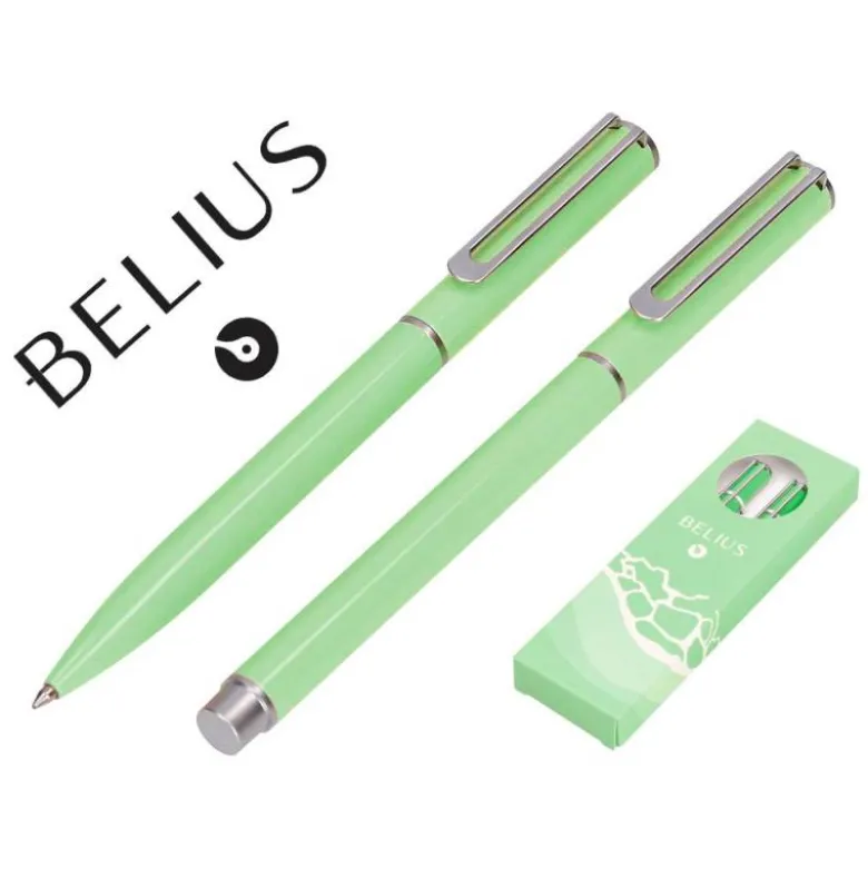 JUEGO BOLIGRAFO Y ROLLER BELIUS ENDLESS SUMMER ALUMINIO COLOR VERDE Y PLATEADO TINTA AZUL CAJA DE DISEÑO