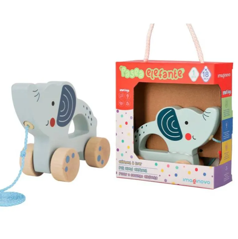 JUEGO INFANTIL IMAGINOVO MADERA ELEFANTE PARA ARRASTRAR CON RUEDAS +12 MESES 13,4X10X5,4CM