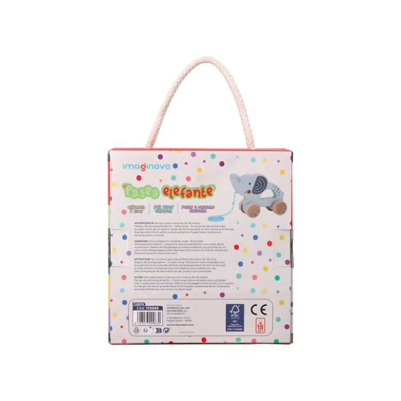 JUEGO INFANTIL IMAGINOVO MADERA ELEFANTE PARA ARRASTRAR CON RUEDAS +12 MESES 13,4X10X5,4CM