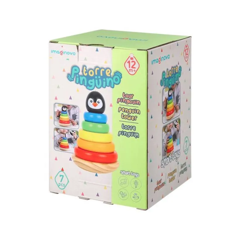 JUEGO INFANTIL IMAGINOVO MADERA FORMA DE PINGUINO TORRE DE FORMAS APILABLES +12 MESES 7 PIEZAS 18X12X12CM