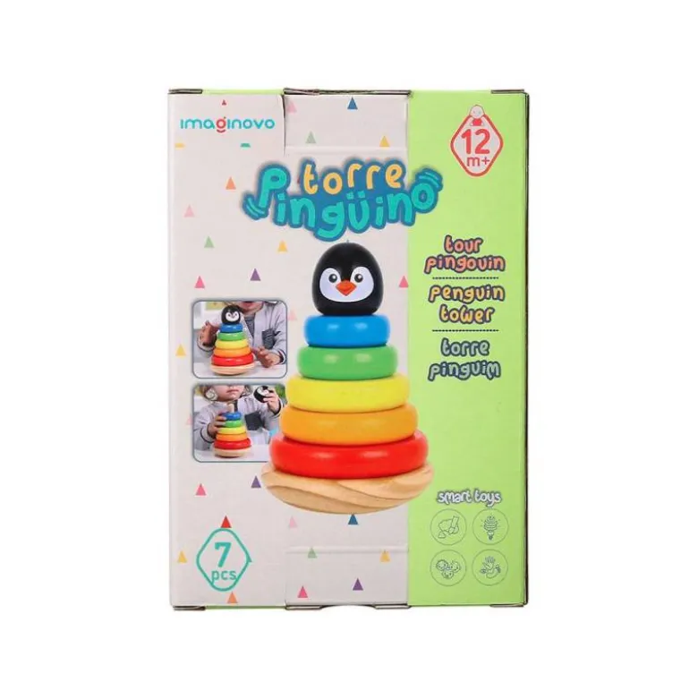 JUEGO INFANTIL IMAGINOVO MADERA FORMA DE PINGUINO TORRE DE FORMAS APILABLES +12 MESES 7 PIEZAS 18X12X12CM