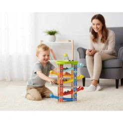 JUEGO INFANTIL IMAGINOVO MADERA TORRE DE DESLIZAMIENTO CON 7 NIVELES INCLUYE 6 COCHES +18 MESES 38X32X14CM
