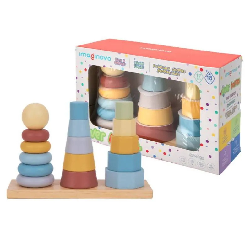 JUEGO INFANTIL IMAGINOVO MADERA TORRE DE FORMAS APILABLES +18 MESES 17 PIEZAS 28X20X9CM