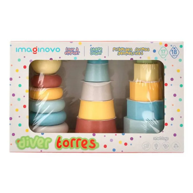 JUEGO INFANTIL IMAGINOVO MADERA TORRE DE FORMAS APILABLES +18 MESES 17 PIEZAS 28X20X9CM