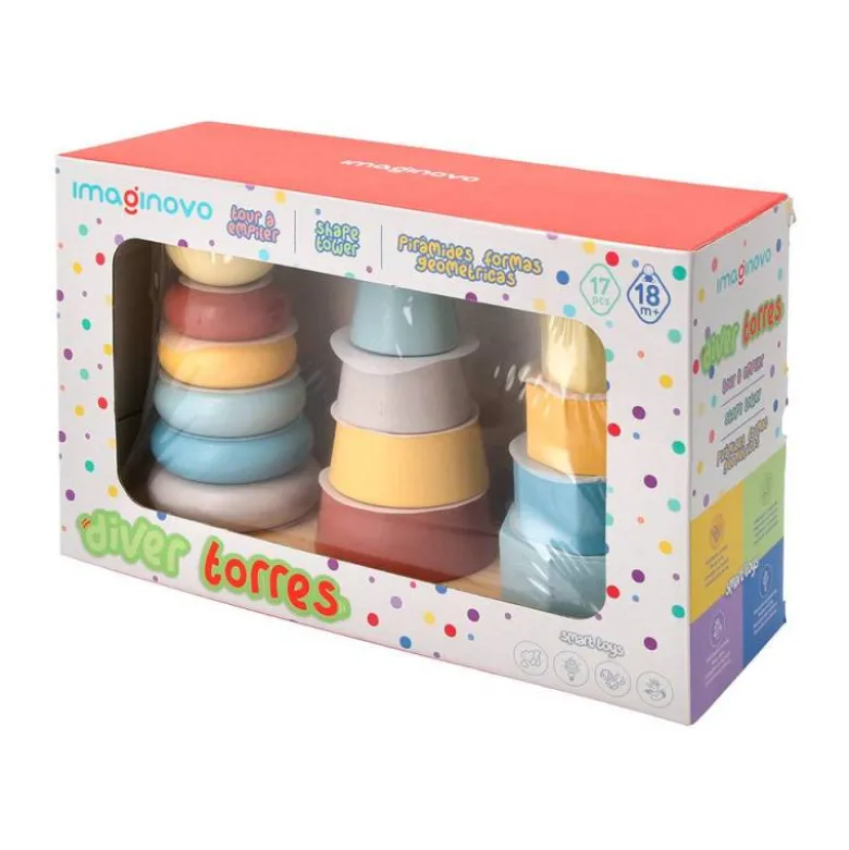 JUEGO INFANTIL IMAGINOVO MADERA TORRE DE FORMAS APILABLES +18 MESES 17 PIEZAS 28X20X9CM