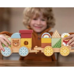 JUEGO INFANTIL IMAGINOVO MADERA TREN FIGURAS APILABLES CON RUEDAS +18 MESES 38X9,5X7,5CM