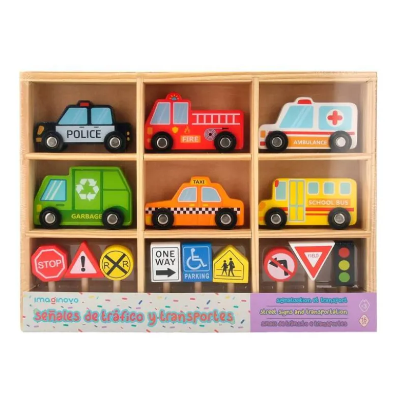 JUEGO INFANTIL IMAGINOVO MADERA VEHICULOS Y SEÑALES DE TRAFICO +3 AÑOS 16 PIEZAS 30X22X4CM