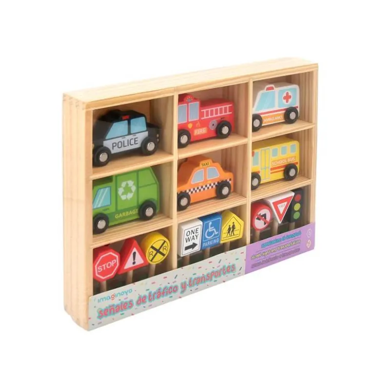 JUEGO INFANTIL IMAGINOVO MADERA VEHICULOS Y SEÑALES DE TRAFICO +3 AÑOS 16 PIEZAS 30X22X4CM