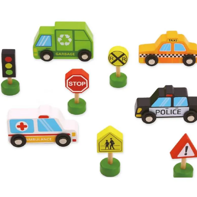 JUEGO INFANTIL IMAGINOVO MADERA VEHICULOS Y SEÑALES DE TRAFICO +3 AÑOS 16 PIEZAS 30X22X4CM