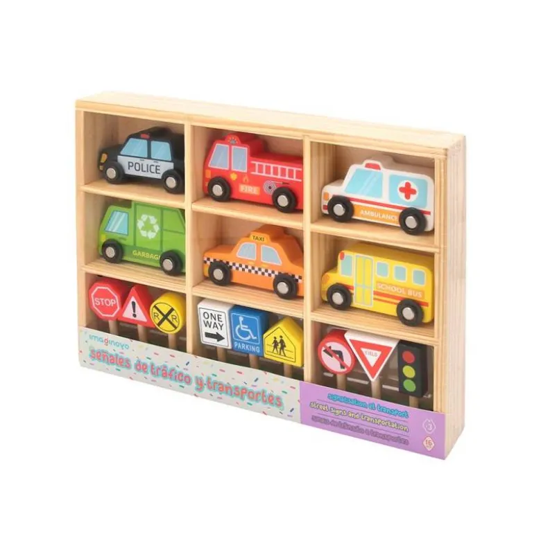 JUEGO INFANTIL IMAGINOVO MADERA VEHICULOS Y SEÑALES DE TRAFICO +3 AÑOS 16 PIEZAS 30X22X4CM