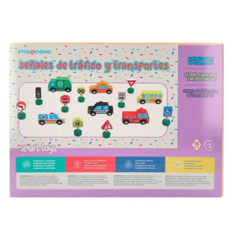 JUEGO INFANTIL IMAGINOVO MADERA VEHICULOS Y SEÑALES DE TRAFICO +3 AÑOS 16 PIEZAS 30X22X4CM