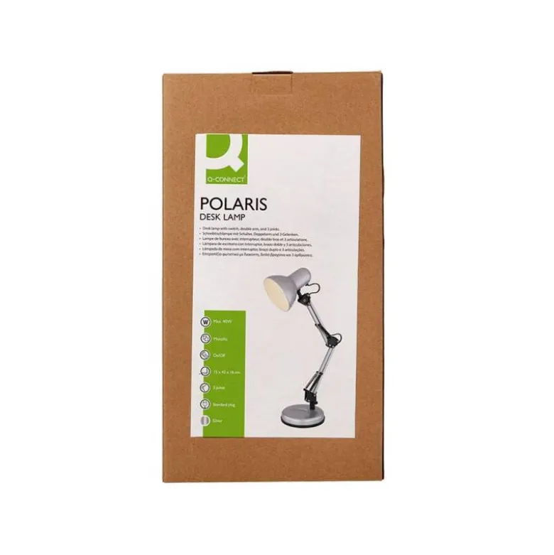 LAMPARA DE ESCRITORIO Q-CONNECT POLARIS METALICA CONINTERRUPTOR BRAZO DOBLE 3 ARTICULACIONES COLOR PLATA