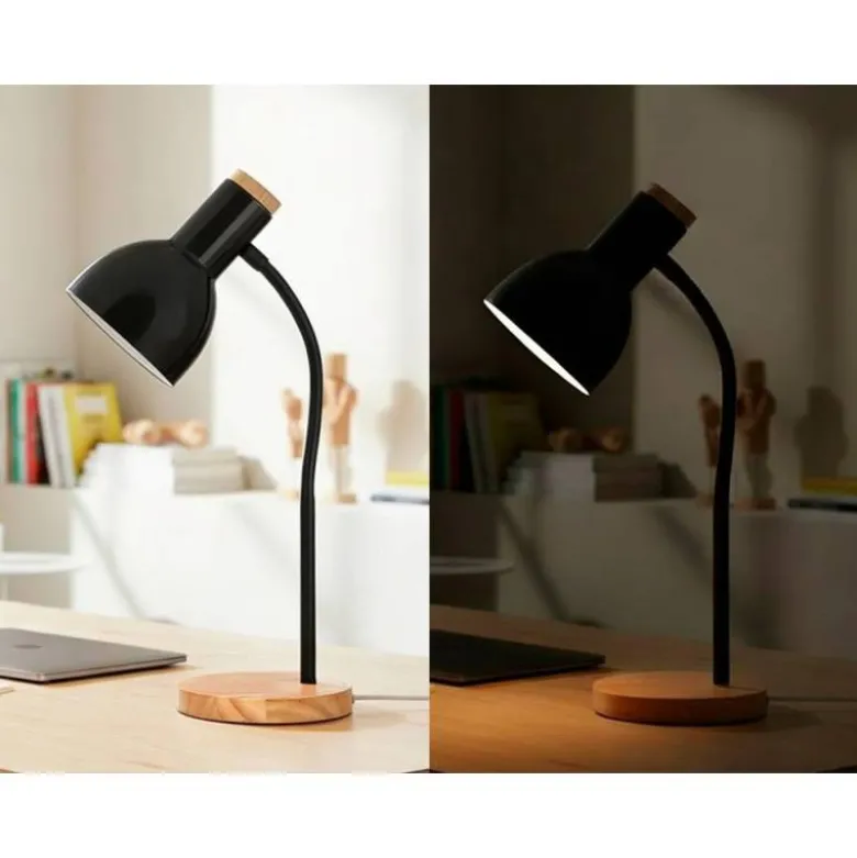 LAMPARA DE ESCRITORIO Q-CONNECT ORION METALICA CON DETALLES DE MADERA BRAZO FLEXIBLE COLOR NEGRO