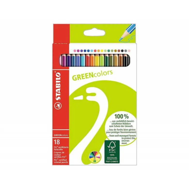 LAPICES DE COLORES STABILO GREEN COLORS CON CERTIFICADO FSC ESTUCHE CARTON DE 18 UNIDADES COLORES SURTIDOS