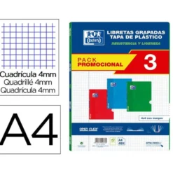 LIBRETA ESCOLAR OXFORD OPENFLEX DIN A4 48 HOJAS CUADRO 4 MM PACK DE 3 UNIDADES COLORES SURTIDOS