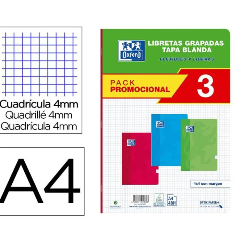 LIBRETA ESCOLAR OXFORD TAPA BLANDA DIN A4 48 HOJAS CUADRO 4 MM PACK DE 3 UNIDADES COLORES SURTIDOS