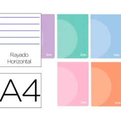 LIBRETA LIDERPAPEL 360 TAPA DE PLASTICO A4 48 HOJAS 90G/M2 HORIZONTAL CON DOBLE MARGEN COLORES PASTEL