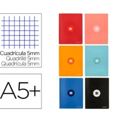 LIBRETA LIDERPAPEL ANTARTIK A5+ PLUS COSIDA 48 HOJAS 90G/M2 CUADRO 5MM CON MARGEN 6 COLORES SURTIDOS