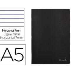 Libreta escolar Liderpapel tapa negra A5 con 80 hojas de 60g/m2. Rayado horizontal con doble margen.