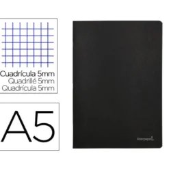 Libreta escolar Liderpapel tapa negra A5 con 80 hojas de 60g/m2 cuadro de 5mm con doble margen. Colores surtidos.