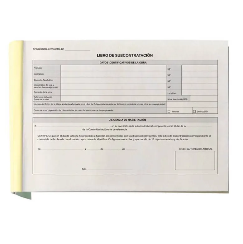 LIBRO LIDERPAPEL SUBCONTRATACION FOLIO JUEGO DE 10 HOJAS AUTOCOPIATIVAS