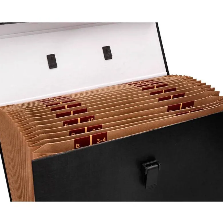 MALETIN LIDERPAPEL CON FUELLE Y ASA CARTON FORRADO 19 DEPARTAMENTOS 255X390X120 MM COLOR NEGRO