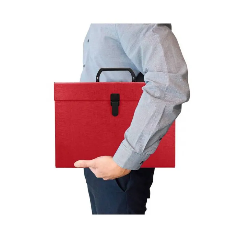 MALETIN LIDERPAPEL CON FUELLE Y ASA CARTON FORRADO 19 DEPARTAMENTOS 255X390X120 MM COLOR ROJO