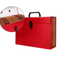 MALETIN LIDERPAPEL CON FUELLE Y ASA CARTON FORRADO 19 DEPARTAMENTOS 255X390X120 MM COLOR ROJO