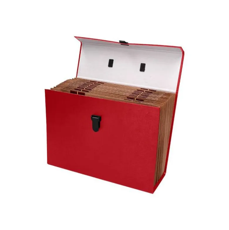 MALETIN LIDERPAPEL CON FUELLE Y ASA CARTON FORRADO 19 DEPARTAMENTOS 255X390X120 MM COLOR ROJO