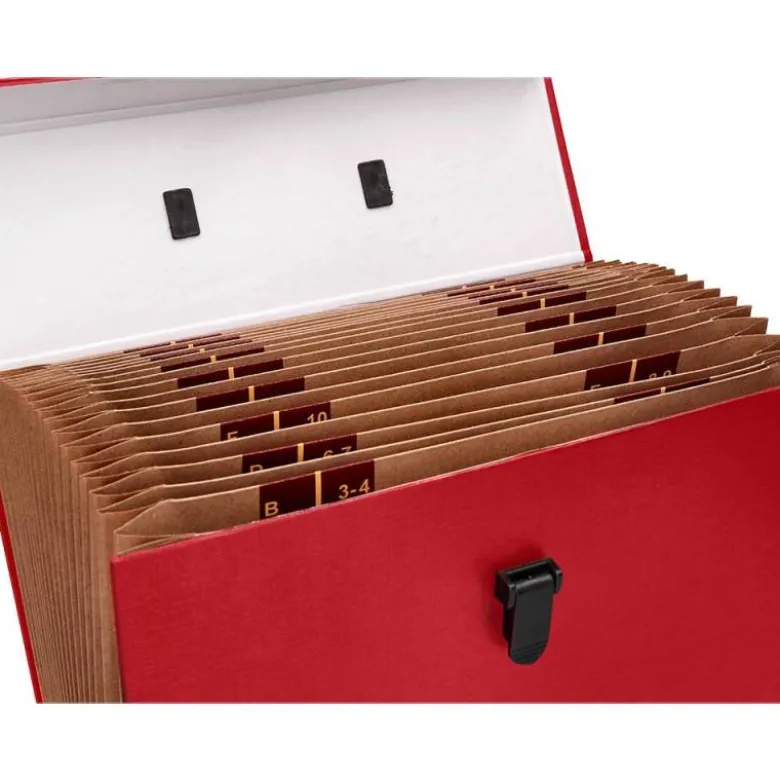 MALETIN LIDERPAPEL CON FUELLE Y ASA CARTON FORRADO 19 DEPARTAMENTOS 255X390X120 MM COLOR ROJO
