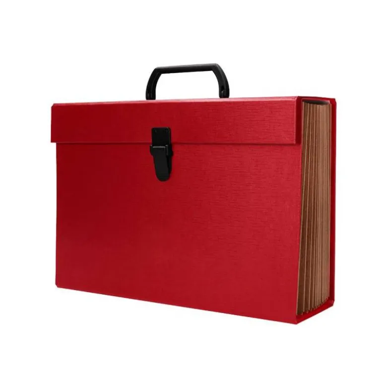 MALETIN LIDERPAPEL CON FUELLE Y ASA CARTON FORRADO 19 DEPARTAMENTOS 255X390X120 MM COLOR ROJO