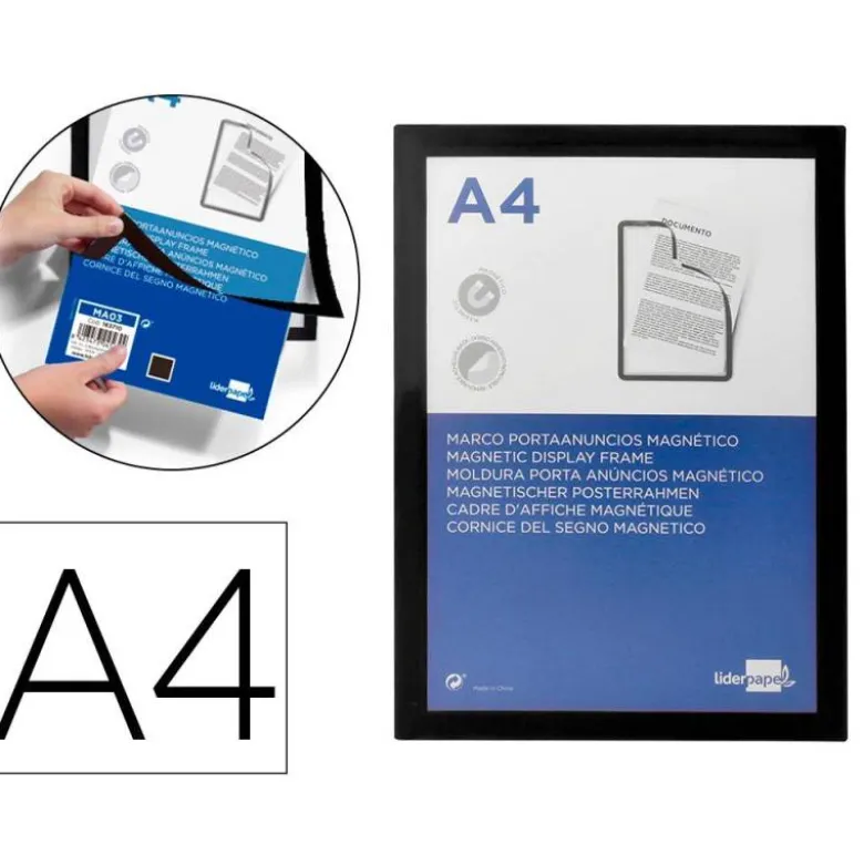 MARCO PORTA ANUNCIOS LIDERPAPEL MAGNETICO DIN A4 DORSO ADHESIVO REMOVIBLE COLOR NEGRO