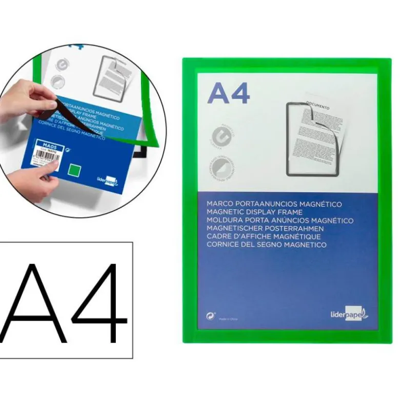 MARCO PORTA ANUNCIOS LIDERPAPEL MAGNETICO DIN A4 DORSO ADHESIVO REMOVIBLE COLOR VERDE