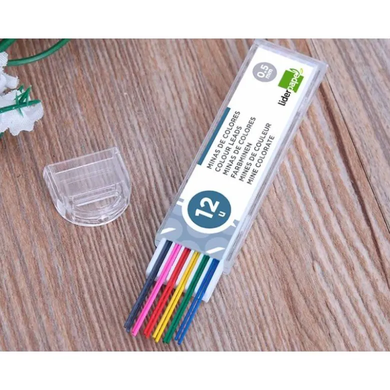 Minas Liderpapel de 0,5 mm. Estuche de 12 minas. Colores surtidos
