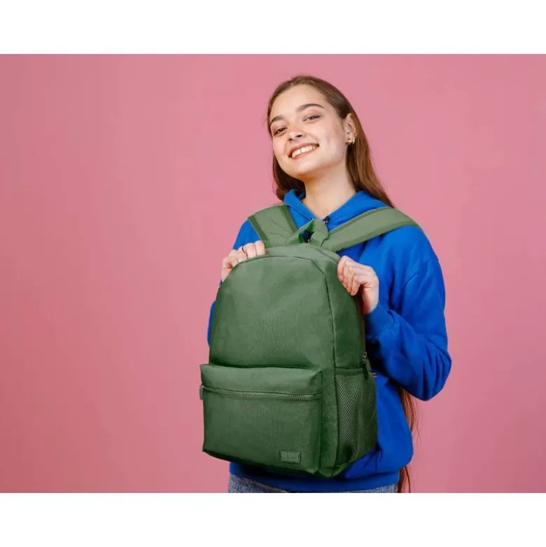 MOCHILA ESCOLAR LIDERPAPEL BOLSILLO LATERAL ELASTICO COLOR VERDE MILITAR 400X125X300