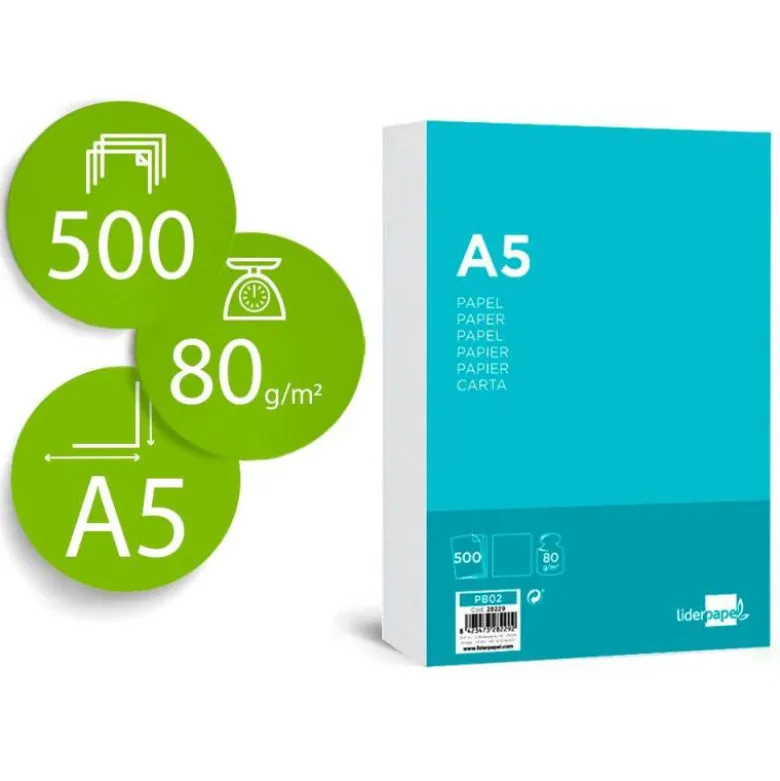 NO ES TAMAÑO FOLIO Papel Din A5 Liderpapel 80 g/m2 Escritura 500 hojas