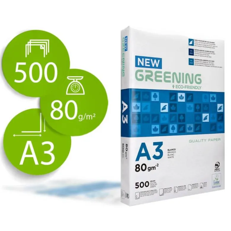 NO ES TAMAÑO FOLIO Papel fotocopiadora greening din a3 80 gramos paquete de 500 hojas.