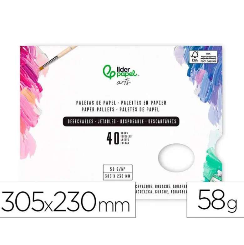 PALETAS DE PAPEL DESECHABLES LIDERPAPEL PARA PINTURA 40 HOJAS GRAMAJE 58G/M2 CON AGUJERO PARA PULGAR