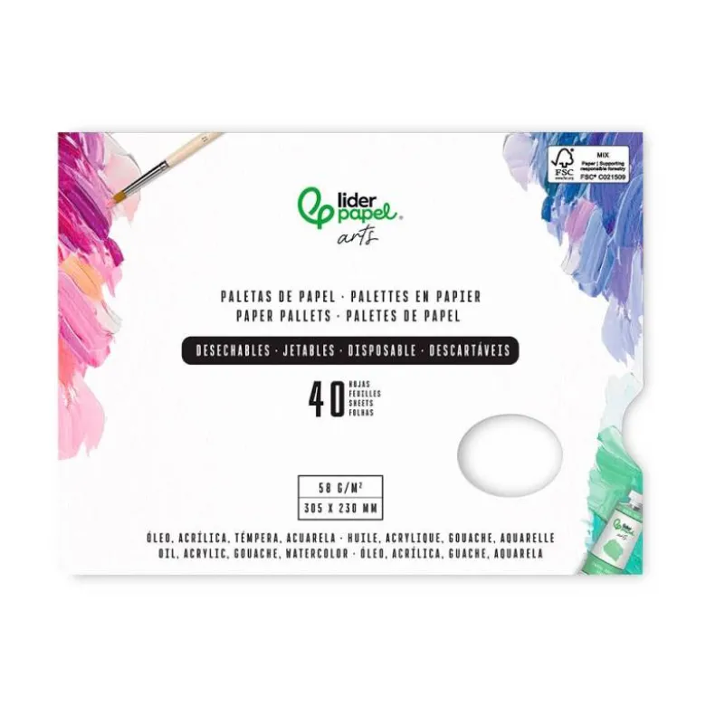 PALETAS DE PAPEL DESECHABLES LIDERPAPEL PARA PINTURA 40 HOJAS GRAMAJE 58G/M2 CON AGUJERO PARA PULGAR