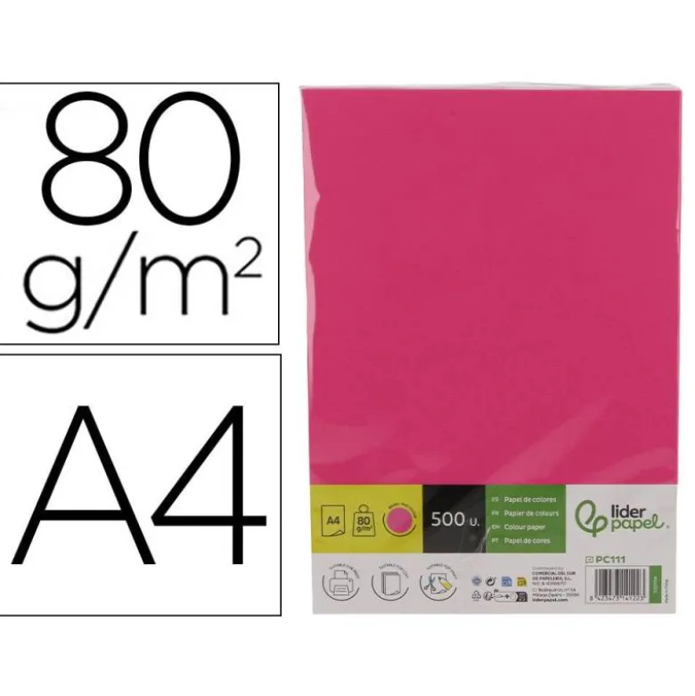 PAPEL COLOR LIDERPAPEL DIN A4 80 GR ROSA INTENSO PAQUETE DE 500 HOJAS